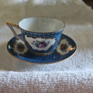 Elegant Blue and Gold Floral Teacup and Saucer Set